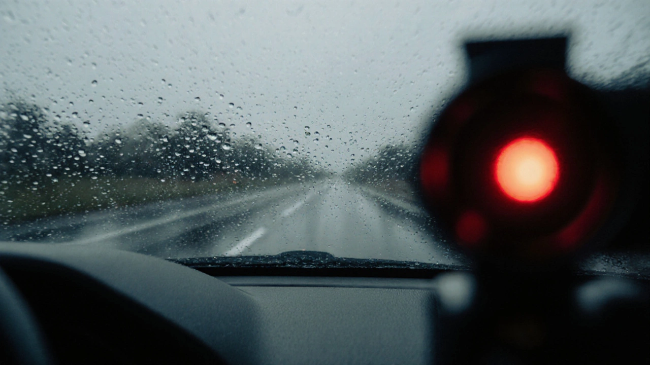 Špatně nainstalované čelní sklo s tekoucí vodou a upozorněním na nástroji.