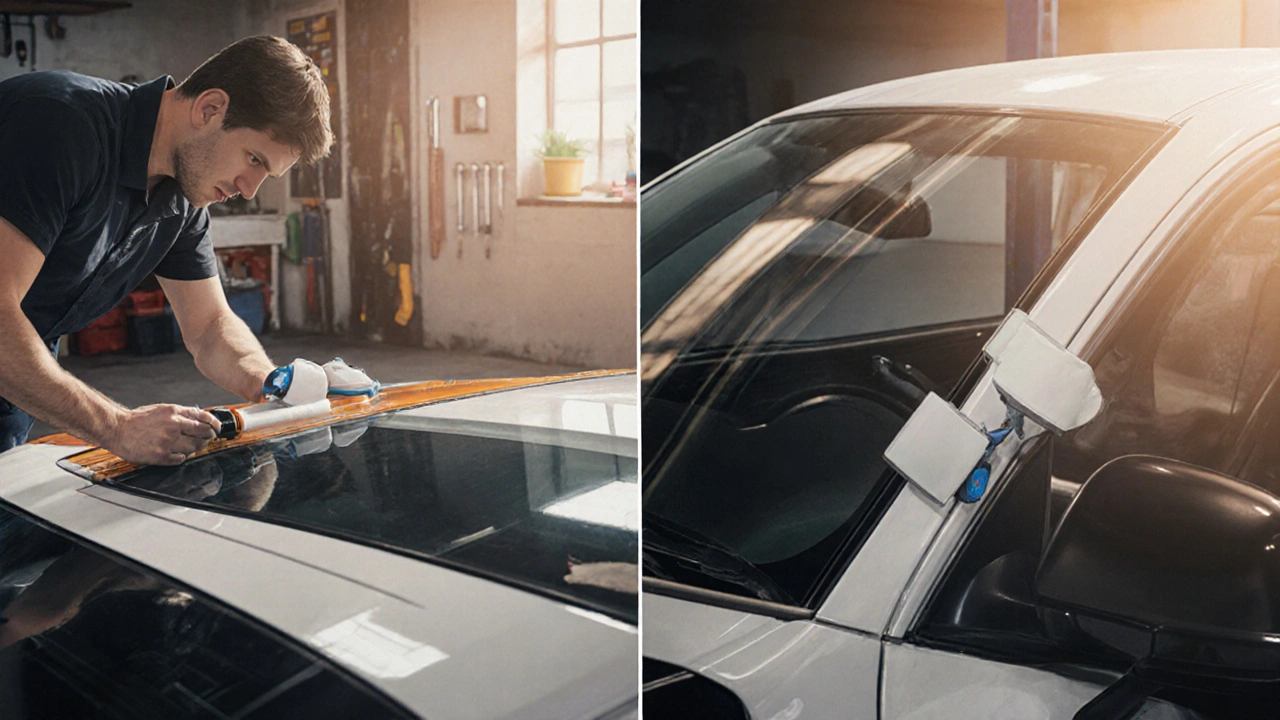 Technik nanáší polyuretanové lepidlo na rámeček před montáží nového autoskla.