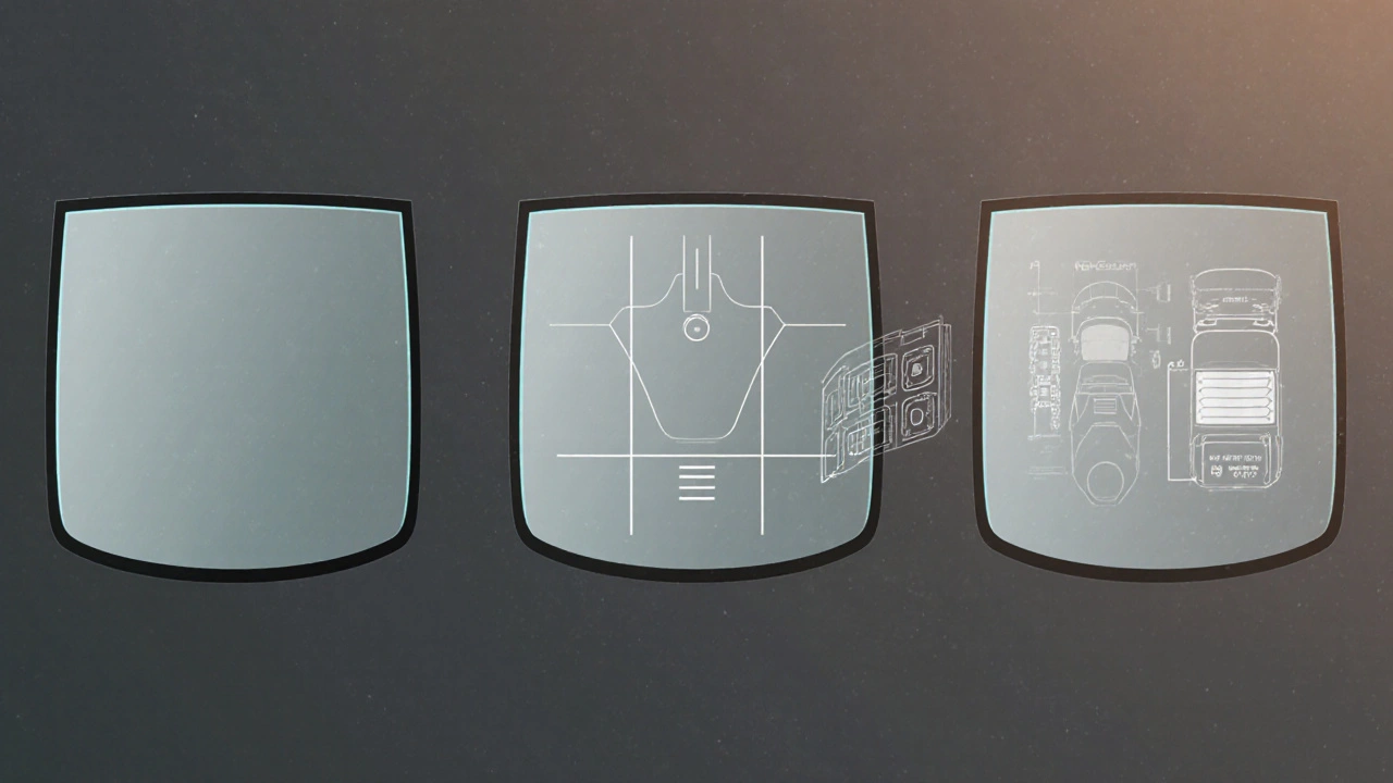 Tři typy čelních skel s různými funkcemi: základní, s ohřevem a se senzory.